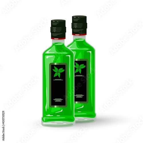 Cartoon glass bottle of absinthe liquor, alcoholic beverage. Vector green liquid, strong alcohol drink, premium herbal tincture. Concept of alcohol and bar menu isolated on white