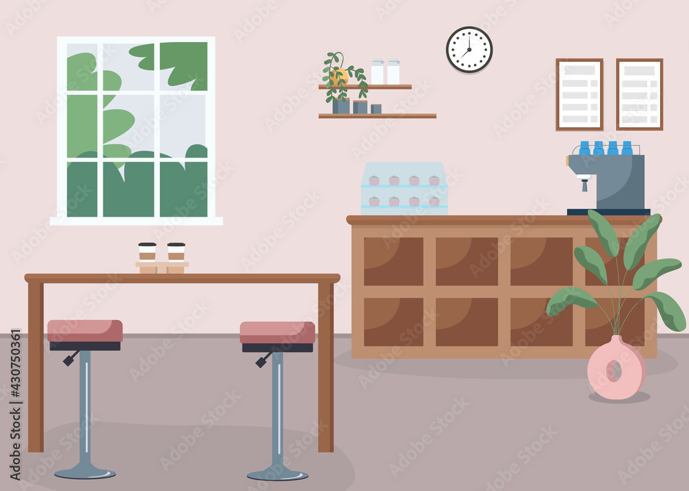 Fototapeta premium Coffee shop flat color vector illustration. Espresso bar. Small business. Restaurant with no people. Counters with chair. Cafeteria 2D cartoon interior with furniture on background