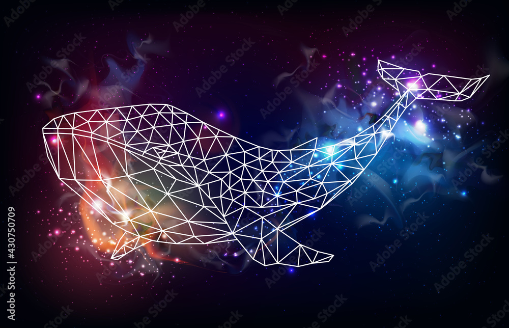 Naklejka premium Hipster polygonal whale silhouette on outer space background. Vector illustration