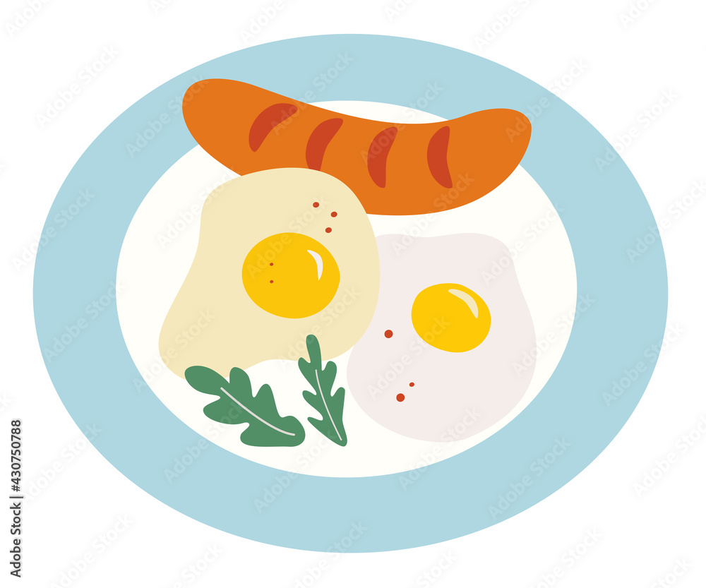 Fried eggs and fried sausage on plate. Breakfast time. Homemade english breakfast. Cartoon flat style. Vector illustration. Fried eggs and fried sausage on plate. Breakfast time. Homemade english breakfast. Cartoon flat style. Vector illustration.