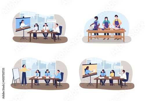 Seminars and workshops 2D vector web banner, poster set. Tutors and students flat characters on cartoon background. Professional training printable patch, colorful web element collection