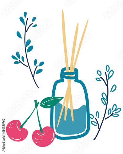 Aroma therapy set. Wooden aroma sticks in glass jar with the smell of cherries.   Essential air fragrance sticks aromatherapy. Spa and beauty Cartoon Flat vector illustration isolated