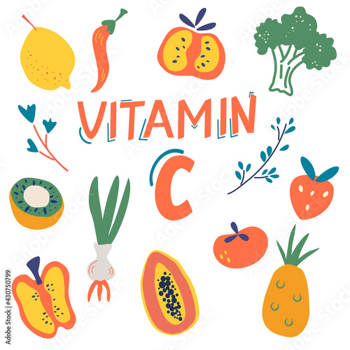 Vitamin C sources set. Fruits and vegetables enriched with ascorbic acid. Dietetic food, organic nutrition composition. Healthy food, dietetics products, organic. Flat vector cartoon illustration