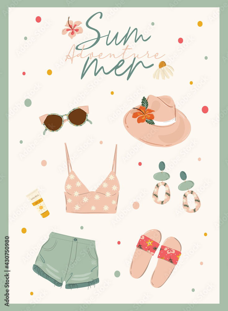 Fototapeta premium Summer illustration holiday beach fashion styling flat lay composition of hat, shorts, blouse, sunglass, sandals. Cartoon style, flat design