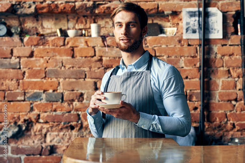 male waiter apron coffee cup Professional barista work male waiter apron coffee cup Professional barista work