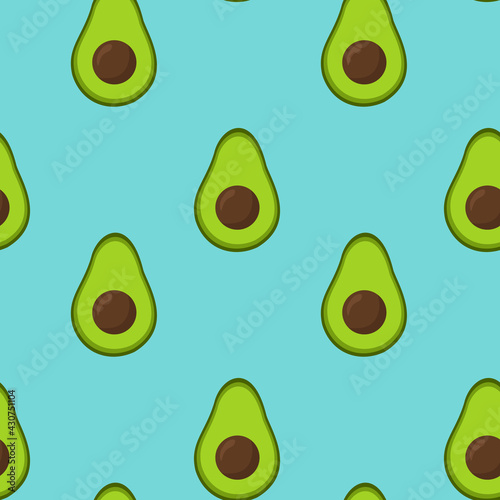 Seamless vector pattern with avocado on a blue background  Suitable for the design of textile fabric, wrapping paper, and wallpaper for websites. Vector illustration.