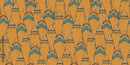 Surfing tiki mask hawaii surf for trendy bar. Traditional ethnic surfing of hawaiian, maori or polynesian. Design old tribal board. Seamless pattern