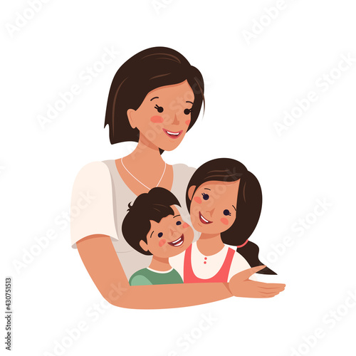 Mom hugs her son and daughter. Happy family day. Mother love for children. International maternity day, women day. Parenting and caring. People with brown hair and faces