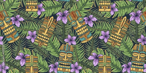 Surfing tiki mask hawaii wooden tiki mask for trendy bar. Traditional ethnic idol and hawaiian surf, maori or polynesian. Design old tribal totem. Seamless pattern