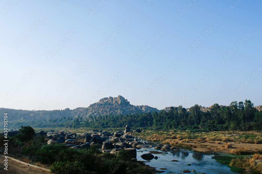 Forest and river on the background of mountains Forest and river on the background of mountains