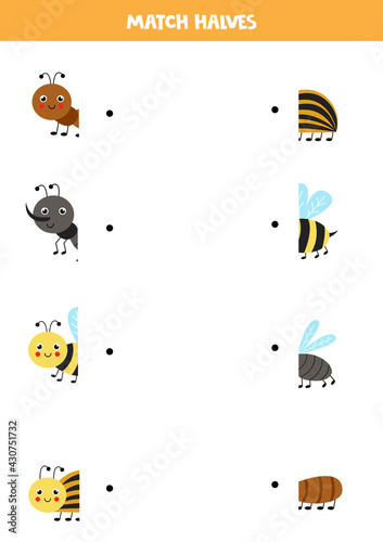 Match parts of cute insects. Logical game for children.
