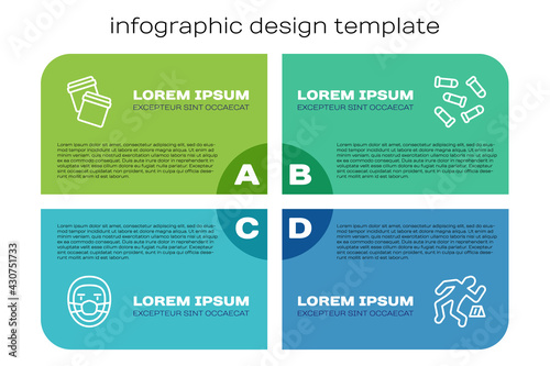 Set line Doctor pathologist, Plastic bag with ziplock, Crime scene and Bullet. Business infographic template. Vector