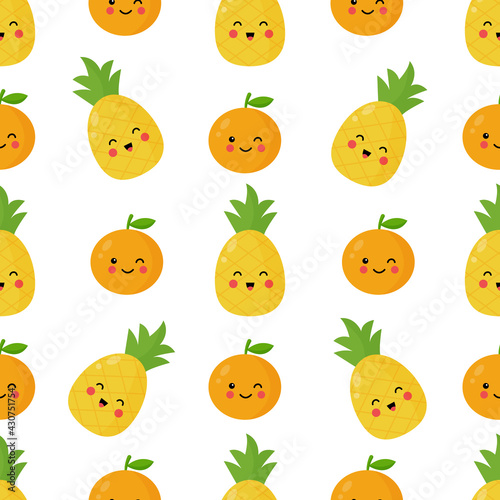 Seamless pattern with cute kawaii fruits. Pineapple and orange.