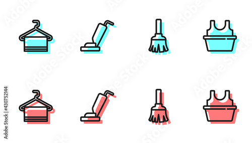 Set line Feather broom, Towel on hanger, Vacuum cleaner and Basin with shirt icon. Vector
