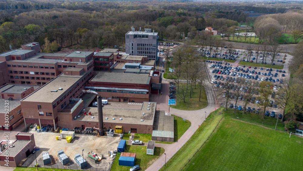 Fototapeta premium Turnhout, Belgium, 27 April 2021, Bird eye aerial view of the AZ Sint Jozef hospital in the City of Turnhout, Belgium, taken with a drone. High quality photo