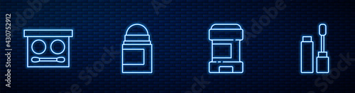 Set line Antiperspirant deodorant roll, Eye shadow palette, and Mascara brush. Glowing neon icon on brick wall. Vector