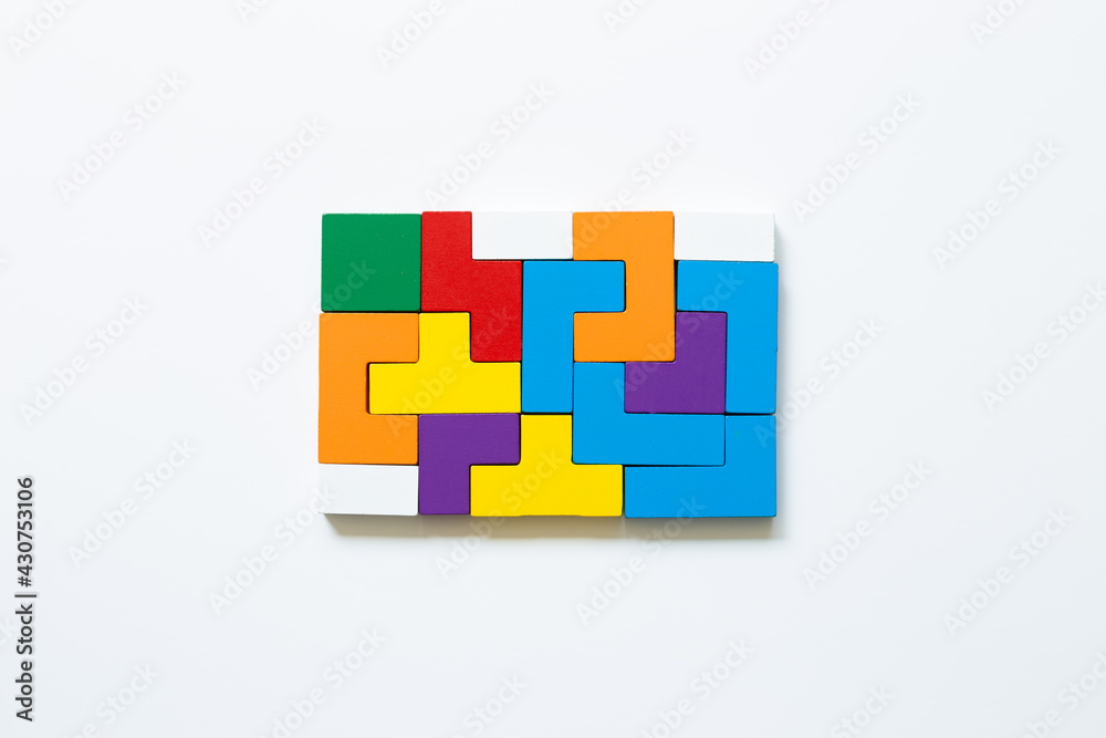 Obraz premium Color blocks on white background. Creative thinking, idea, problem solving, success concept. top view