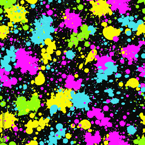 Vector seamless pattern. Multicolor pink  yellow  green  blue blots   drops and splashes on black. Abstract  creative design for textile  wallpaper  wrapping paper  notebook cover  card  poster.