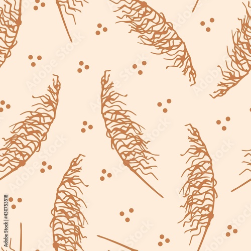 Hand drawn gentle calm simple floral vector seamless pattern in pastel colors. Beige inflorescences of panicles of pampas grass on a light pink background. For printed fabrics, textiles, boho decor.