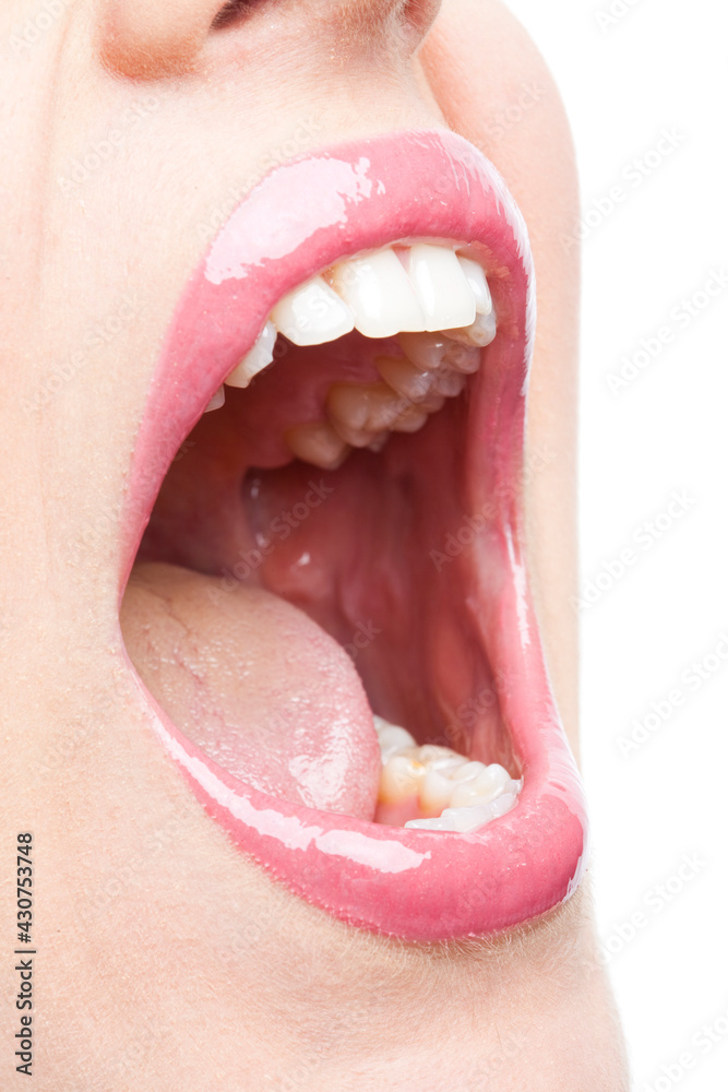 Obraz premium Open woman's mouth, showing tooth