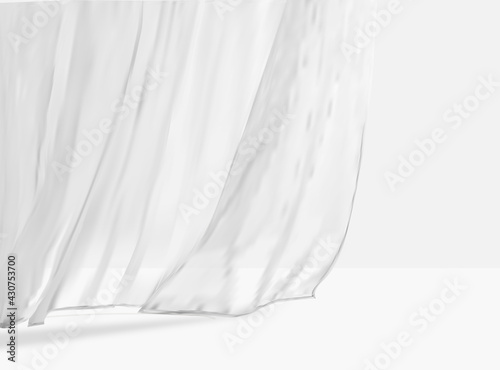 White lightweight fabric curtain fluttering realistic vector illustration mock up. Shower or window fabric on a curtain rod template.