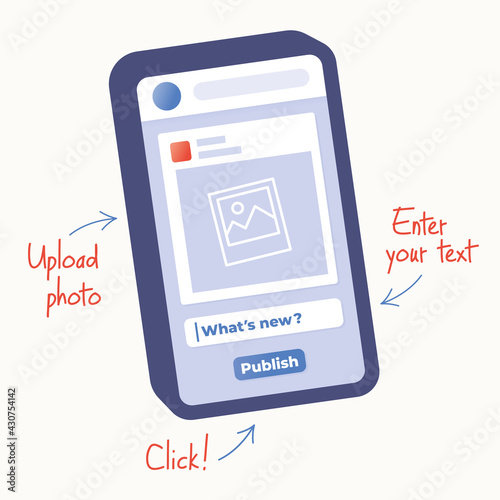 New post (Facebook messenger, Instagram, Twitter etc.) publishing. Concepts: social networks, online messaging, chats, communication, manuals, tutorials, guides, media content etc.
