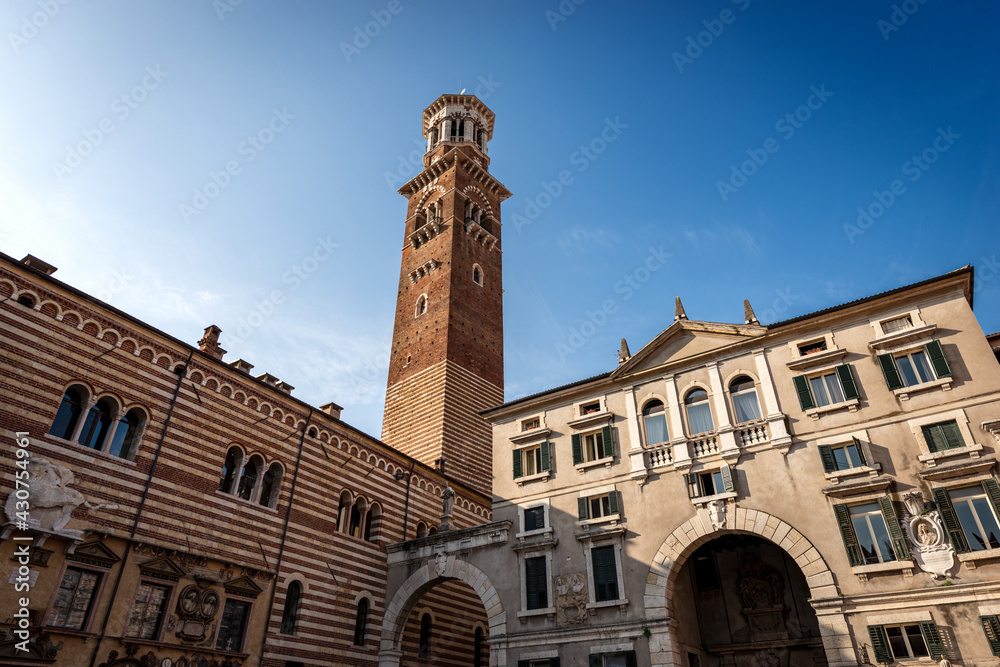 Verona, Piazza dei Signori or Piazza Dante, square in the historic center of the city. In the center the Lamberti tower (Torre dei Lamberti). UNESCO world heritage site, Veneto, Italy, Europe.