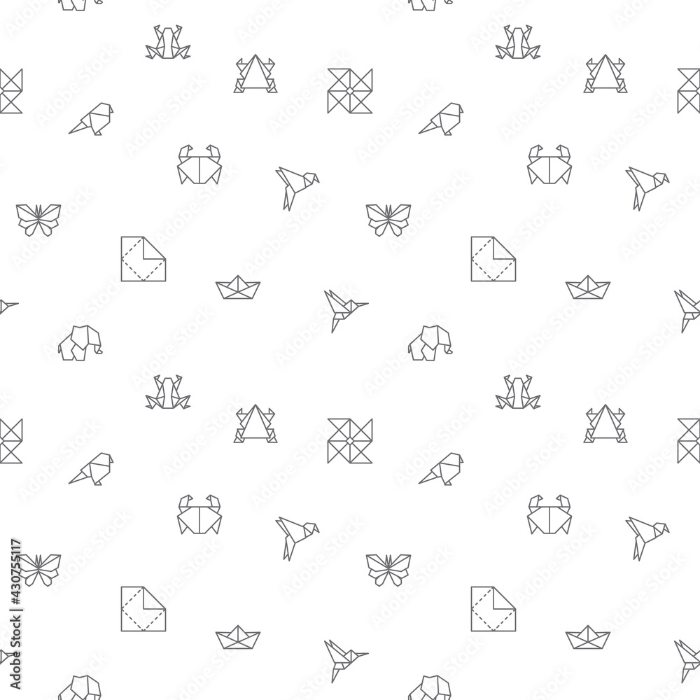 Seamless pattern with origami and paper icon on white background. Included the icons as bird, airplane, animal, fish, boat, folded, geometric and other elements. 