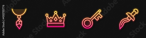 Set line Old key, Necklace with crystal, King crown and Dagger. Glowing neon icon. Vector