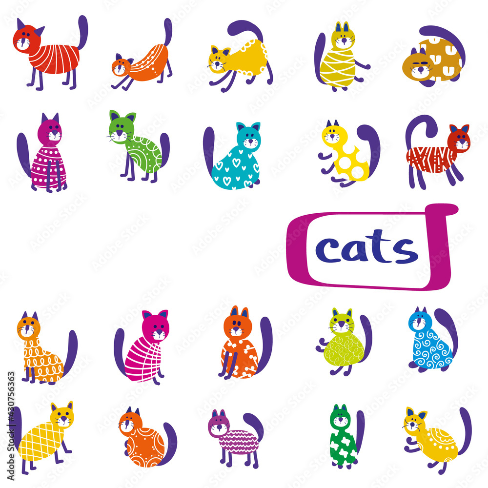 Fototapeta premium Funny cartoon cat and lettering and abstract elements sticker set isolated on white background. Vector illustration set of pretty kitty 