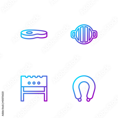 Set line Sausage, BBQ brazier, Steak meat and Barbecue grill. Gradient color icons. Vector