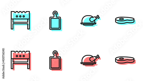 Set line Roasted turkey or chicken, BBQ brazier, Cutting board and Steak meat icon. Vector
