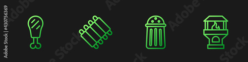Set line Salt, Chicken leg, Grilled pork bbq ribs and Brick stove. Gradient color icons. Vector