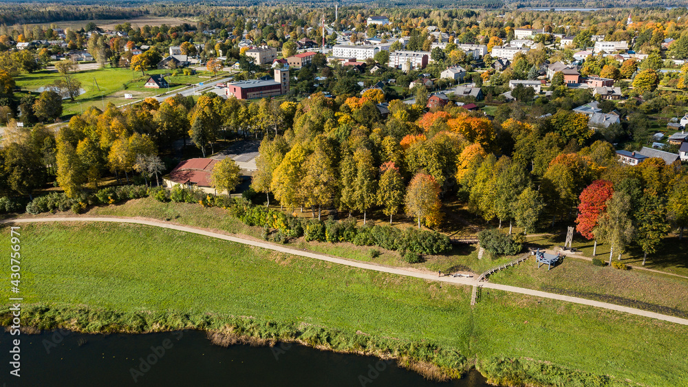 Aerial view of Skrunda town in sunny autumn day, Latvia.
