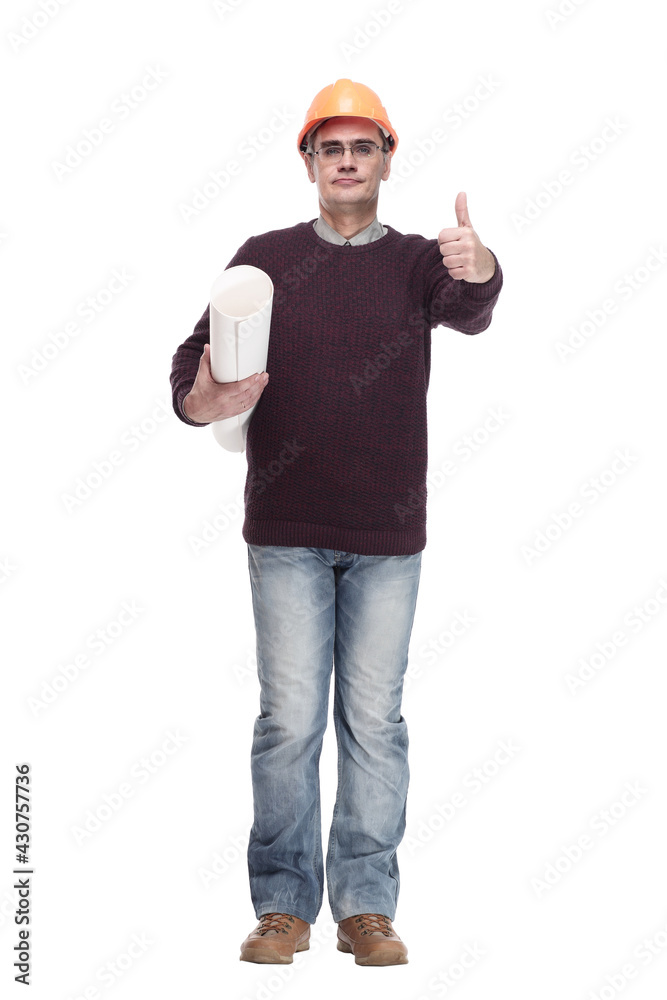 man in a protective helmet with drawings of a new project