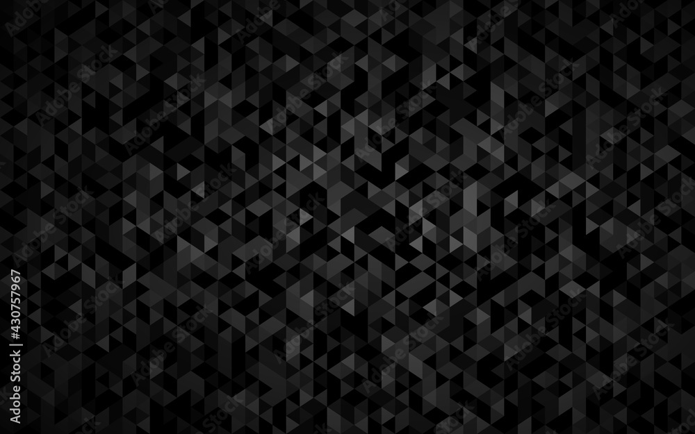Abstract triangle background with black triangles with different shades of grey and white outlines. Mosaic look. Modern vector texture illustration