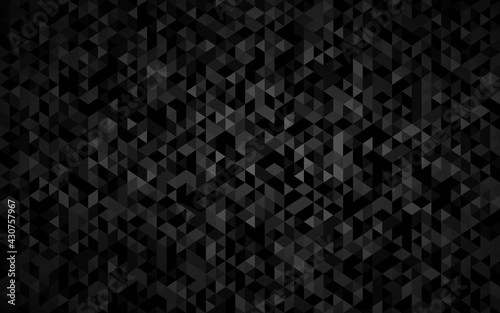 Abstract triangle background with black triangles with different shades of grey and white outlines. Mosaic look. Modern vector texture illustration