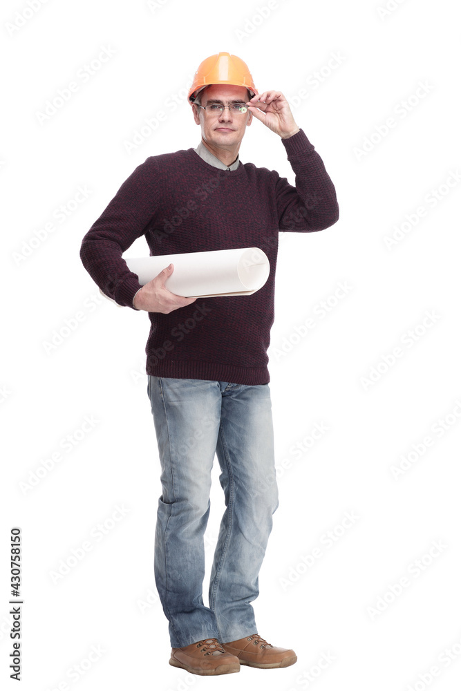 man in a protective helmet with drawings of a new project man in a protective helmet with drawings of a new project