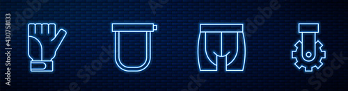 Set line Cycling shorts, Gloves, Bicycle lock and Derailleur bicycle rear. Glowing neon icon on brick wall. Vector