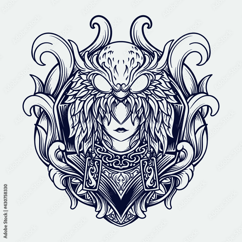 Fototapeta premium tattoo and t shirt design black and white owl women engraving ornament