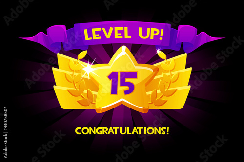 Level up reward cartoon gold icon with winner ribbon, game app UI isolated design element.