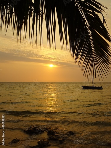 [Madagascar] beautiful sea with silhouette of Palm leaves and boat at sunset in Ifaty