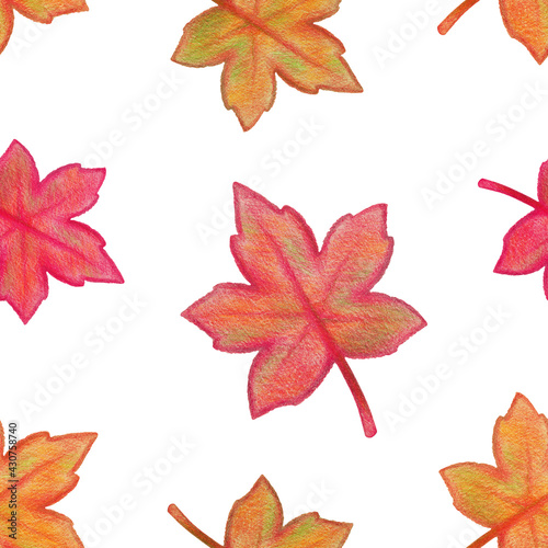 Seamless pattern with hand-drawn red and orange maple leaves with a rough texture. Autumn drawing with colored pencils on a white background. Plant illustration  art design for fabric  paper  cover