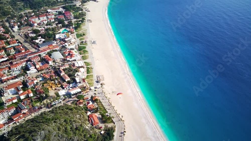 Amazing beautiful panoramic view from drone of natural park of Oludeniz and Fethiye blue lagoon and tranquil aquamarine dead sea.
