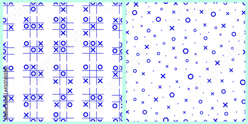 Set of seamless vector patterns. Blue noughts and crosses on a white isolated background. Background, wrapping paper, wallpaper, cover, print, clothing, material.