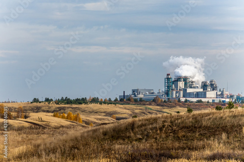 Chemical Plant factory with smoke stack. Smoke emission.
