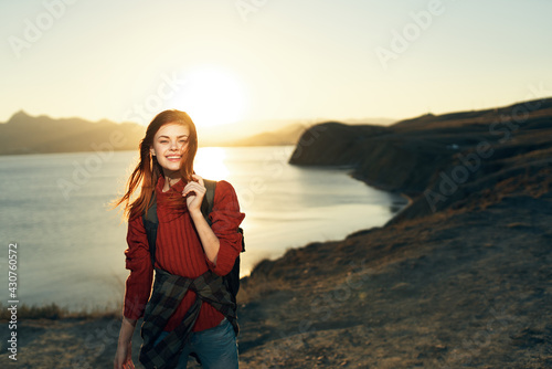 emotional woman hiker outdoors rocky mountains landscape travel