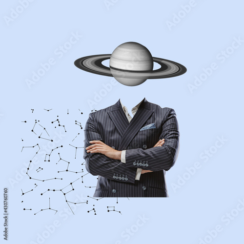 Modern design, contemporary art collage. Inspiration, idea, trendy urban magazine style. Businessman with planet insted head on geometrical background