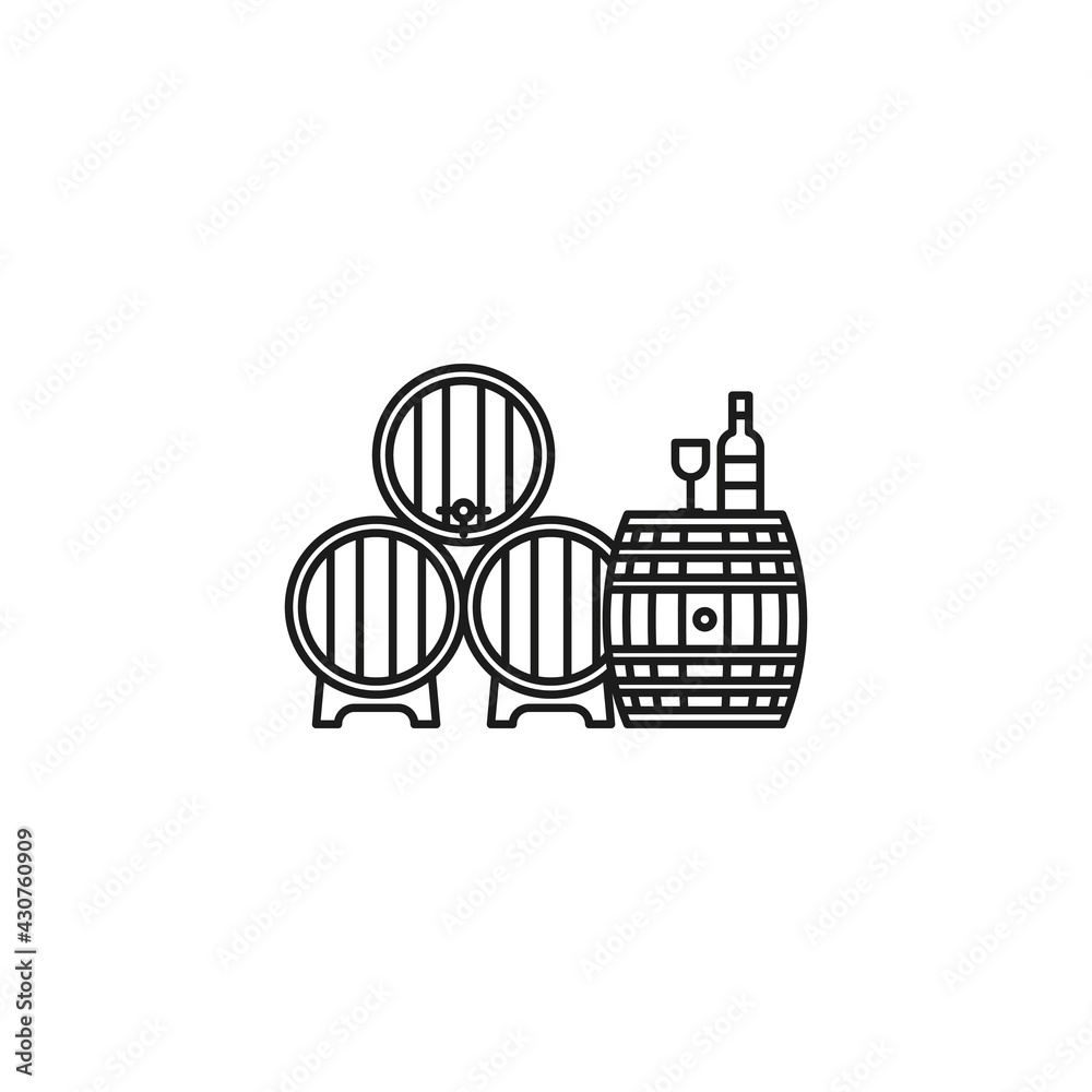 Wine tasting vector line icon with barrels, glass, bottle
