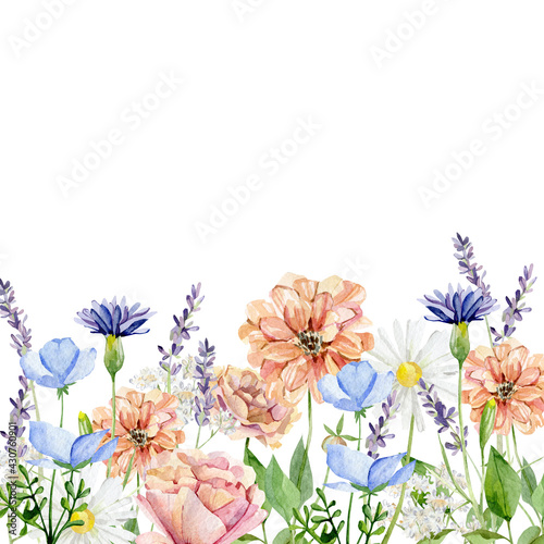 Fototapeta Naklejka Na Ścianę i Meble -  Watercolor wild flower border. Yellow and white botanical bright wildflowers, rose, peony, lavander, herbs, leaves, branches, twigs, foliage, leaves for wedding invite, bridal shower